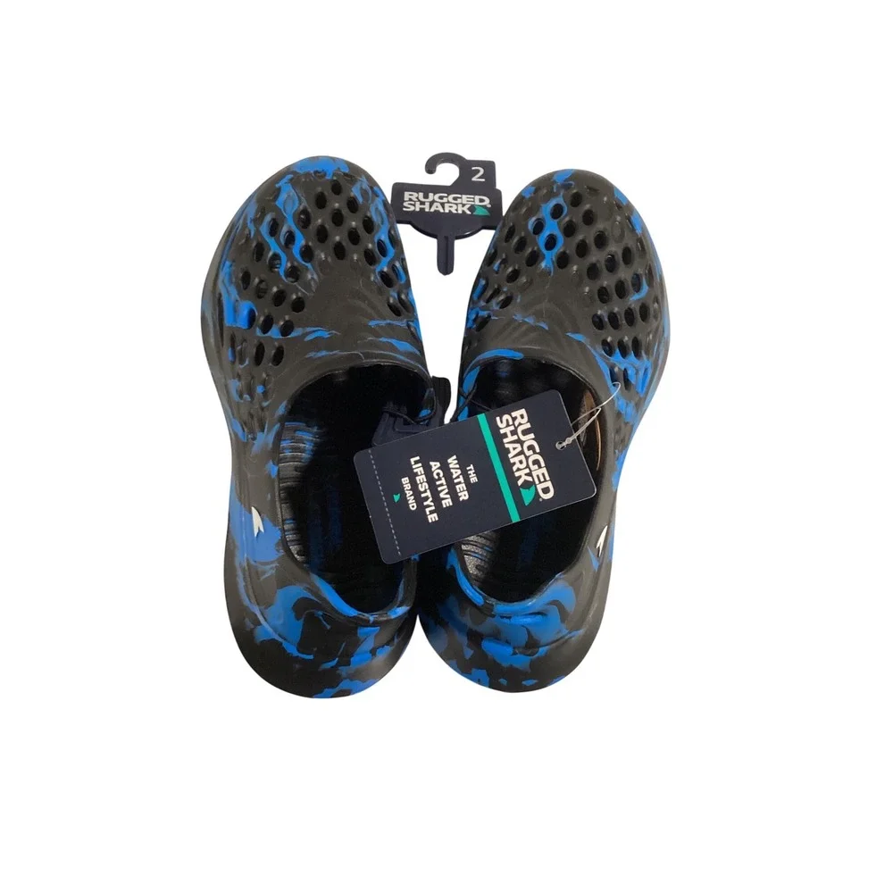 Rugged Shark Kids Water Shoes Black Blue Camo Slip‎ On Clogs Size 2 NEW